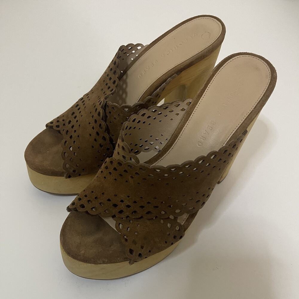 Veronica Beard Gaynor brown suede leather scalloped clog heels size 7